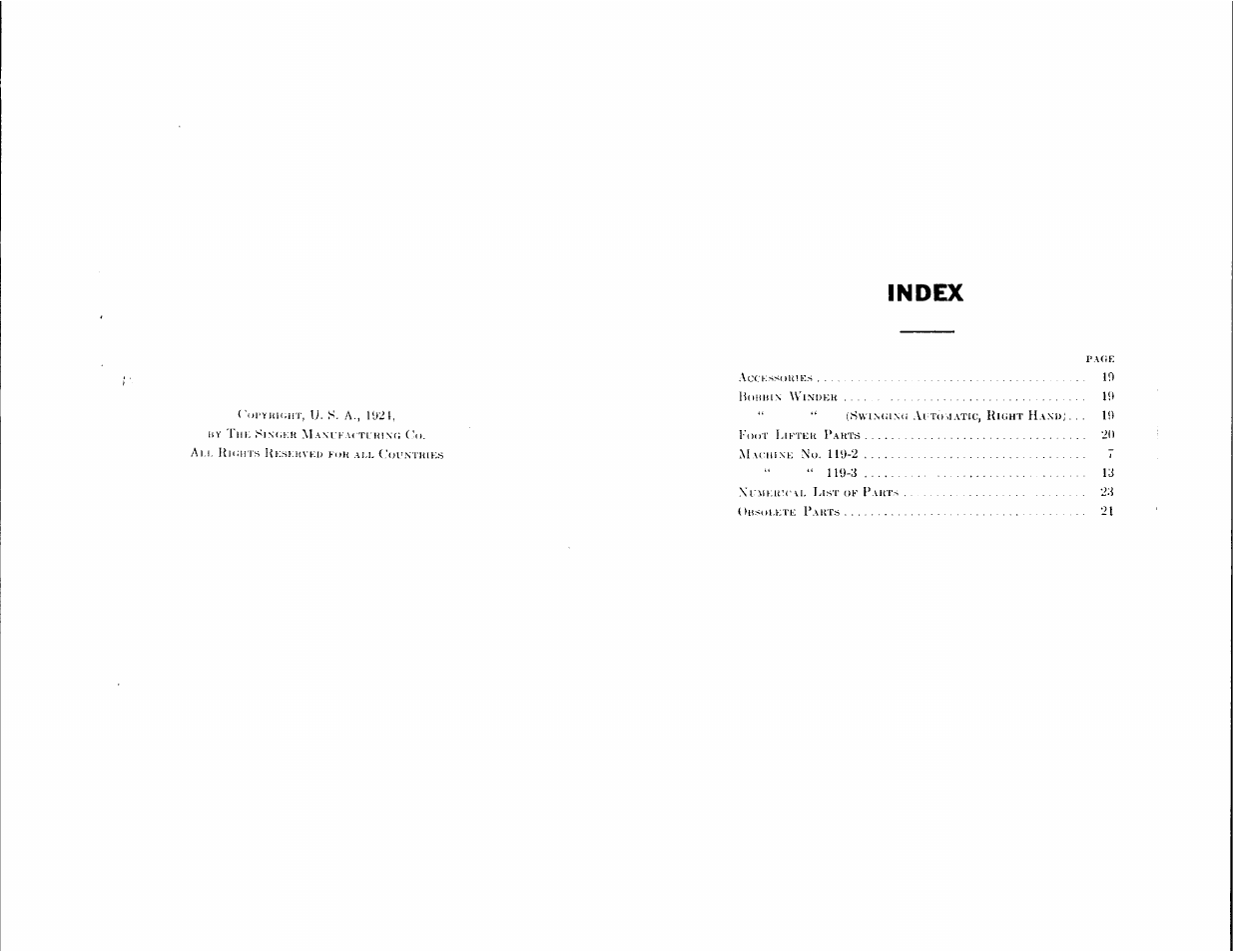 Index | SINGER 119-2 User Manual | Page 2 / 23