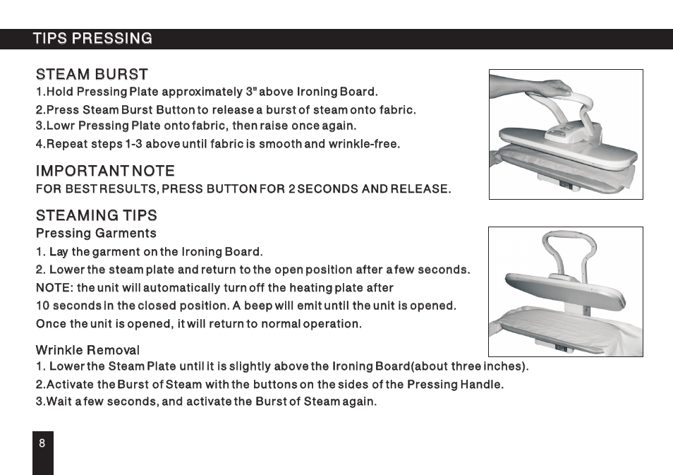 Т³гж 9, Steam burst, Steaming tips | Tips pressing | SINGER ESP 2 User Manual | Page 9 / 15