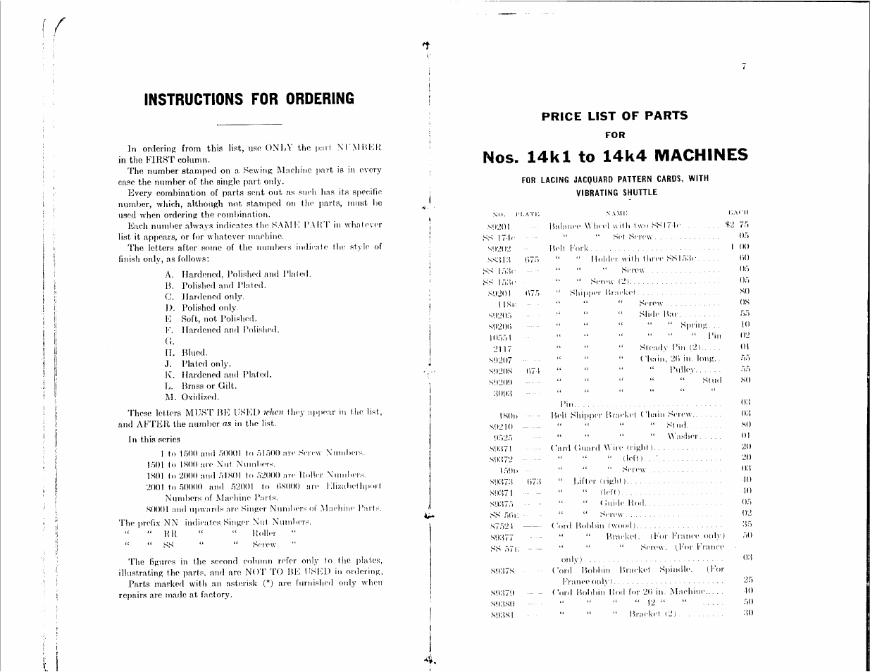 Instructions for ordering, Nos. 14kl to 14k4 machines, Price list of parts | SINGER 14K1 User Manual | Page 2 / 10