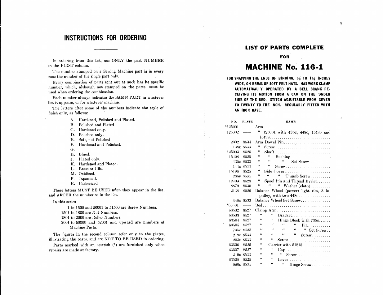 List of parts complete, Machine no. 116-1, Instructions for ordering | SINGER 116-1 User Manual | Page 3 / 20