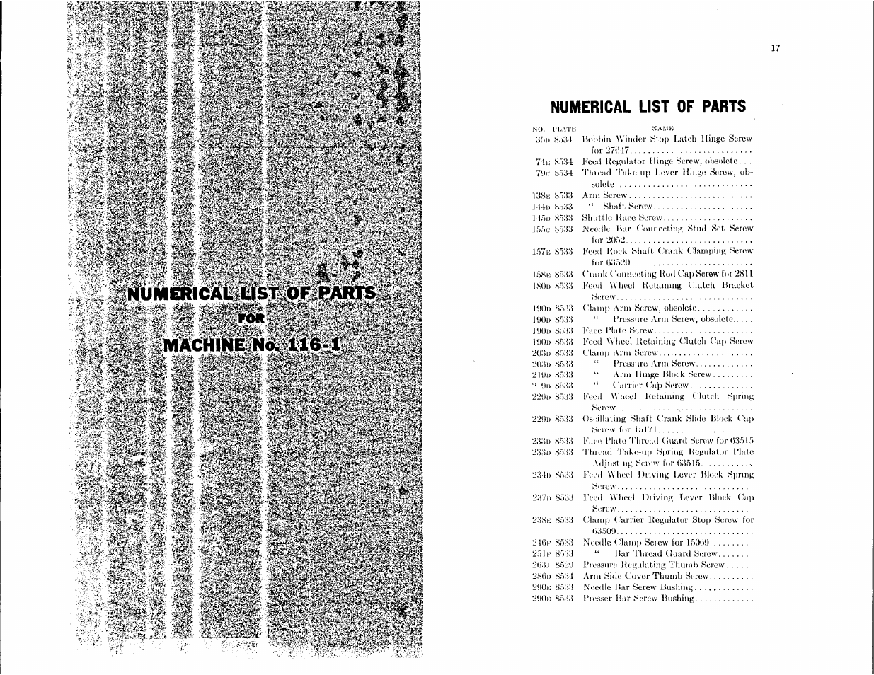 Numerical list of parts | SINGER 116-1 User Manual | Page 8 / 20