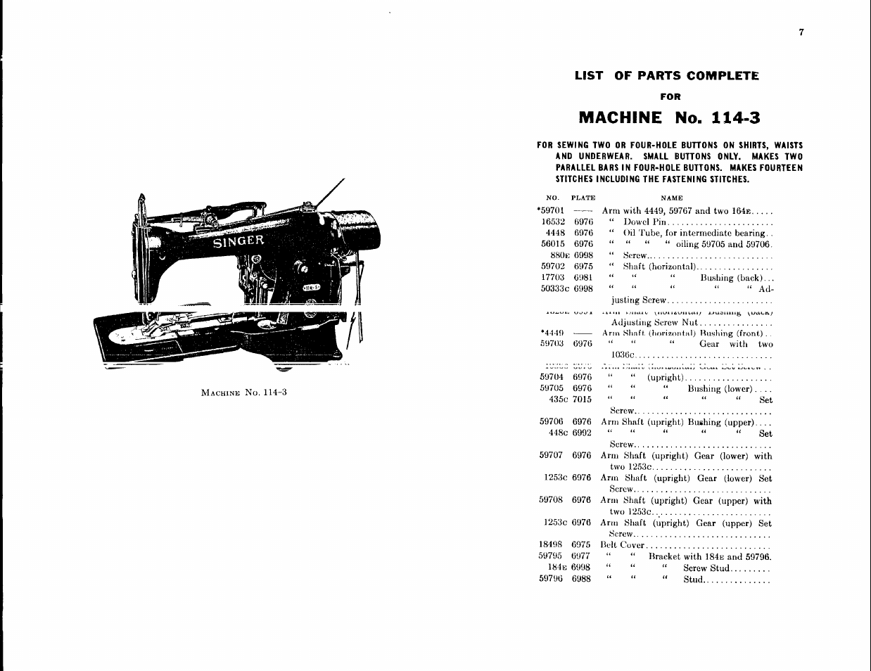 Machine no. 114-3, List of parts complete | SINGER 114-3 User Manual | Page 4 / 29