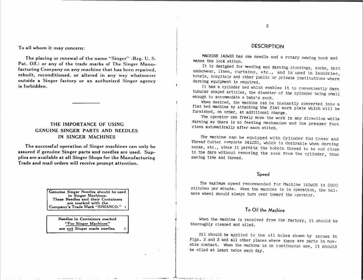 Description, Speed, To oil the machine | SINGER 142W25 User Manual | Page 3 / 10