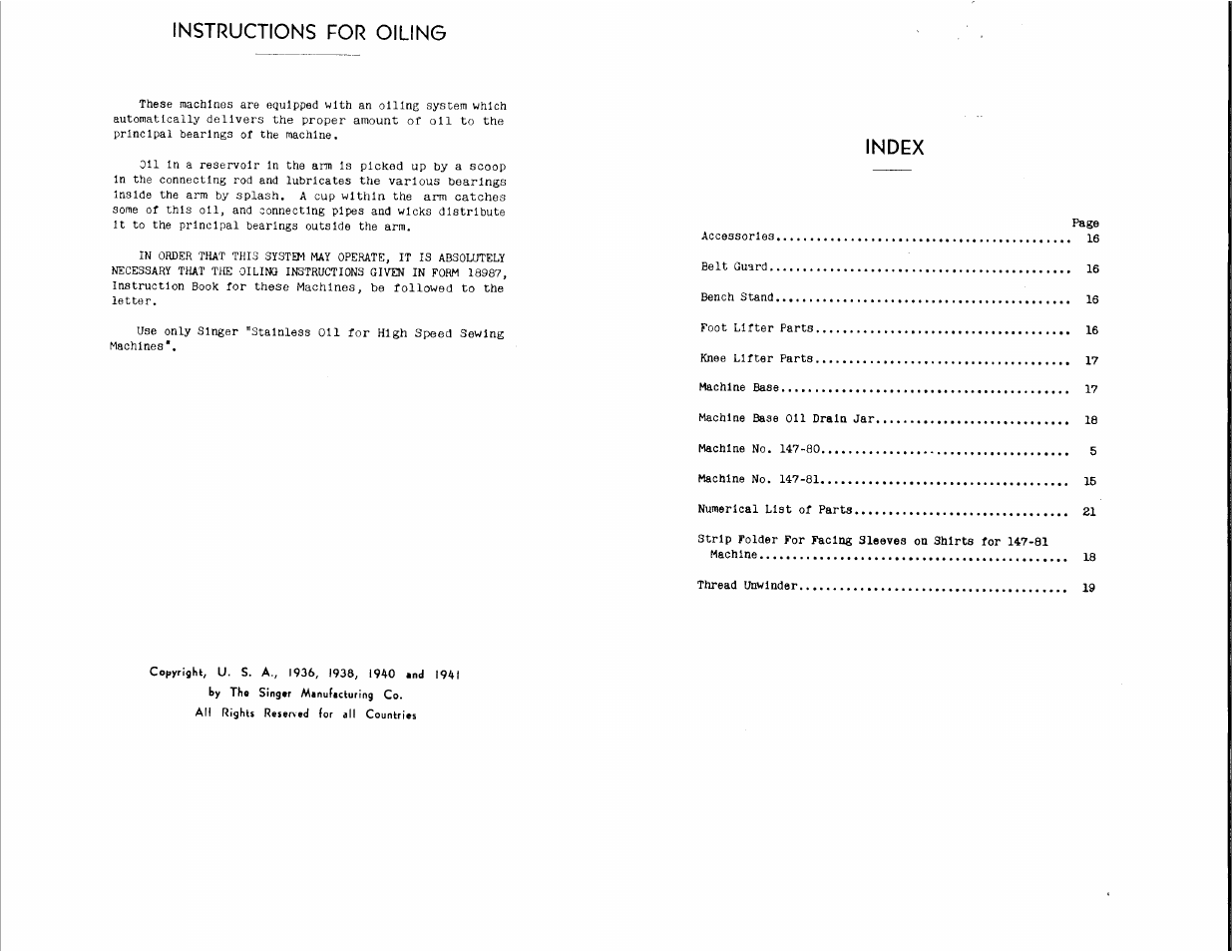 Instructions for oiling, Index | SINGER 147-81 User Manual | Page 2 / 28