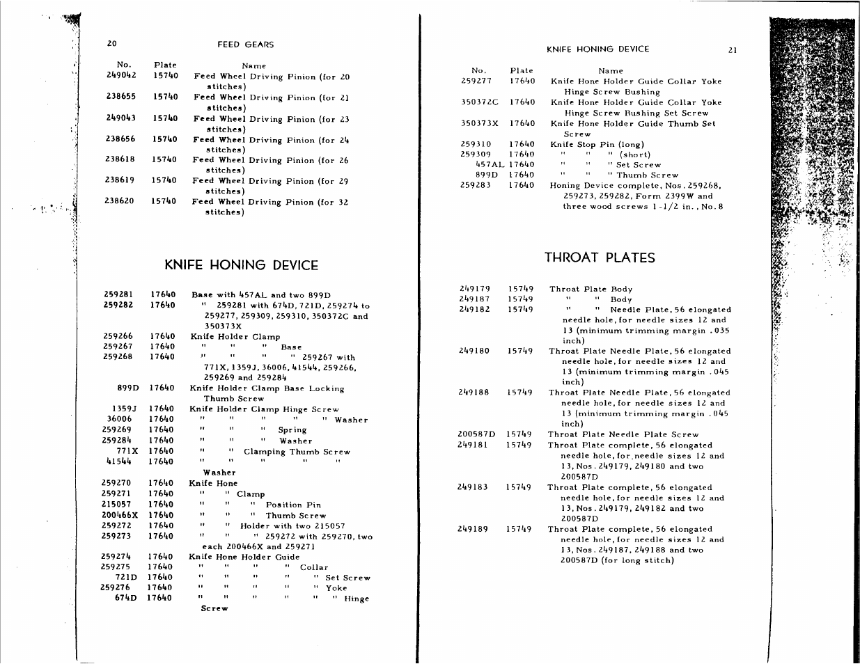 Knife honing device, Throat plates | SINGER 136W105 User Manual | Page 11 / 22