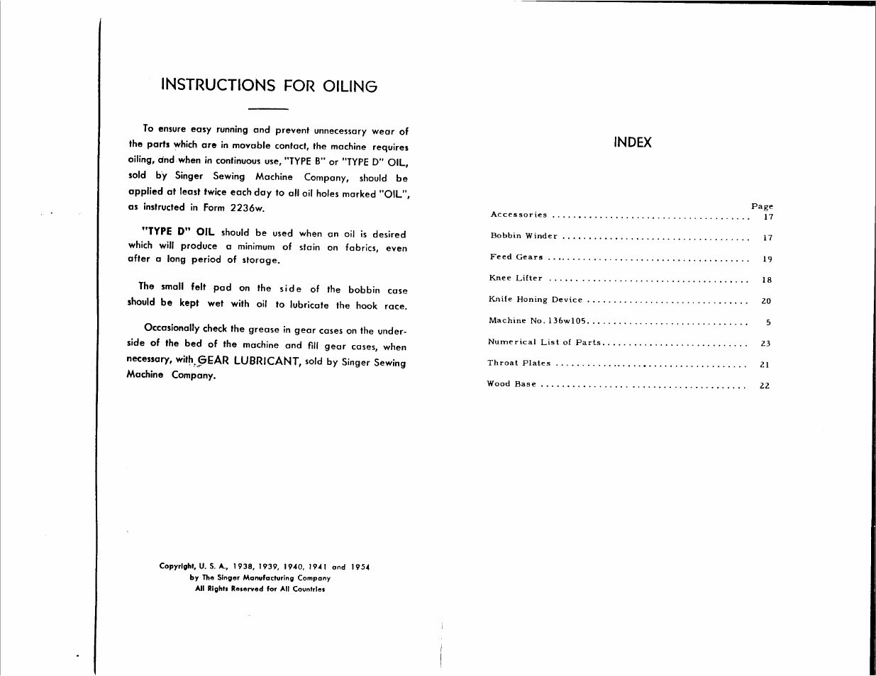 Instructions for oiling, Index, Type d" oil | SINGER 136W105 User Manual | Page 2 / 22