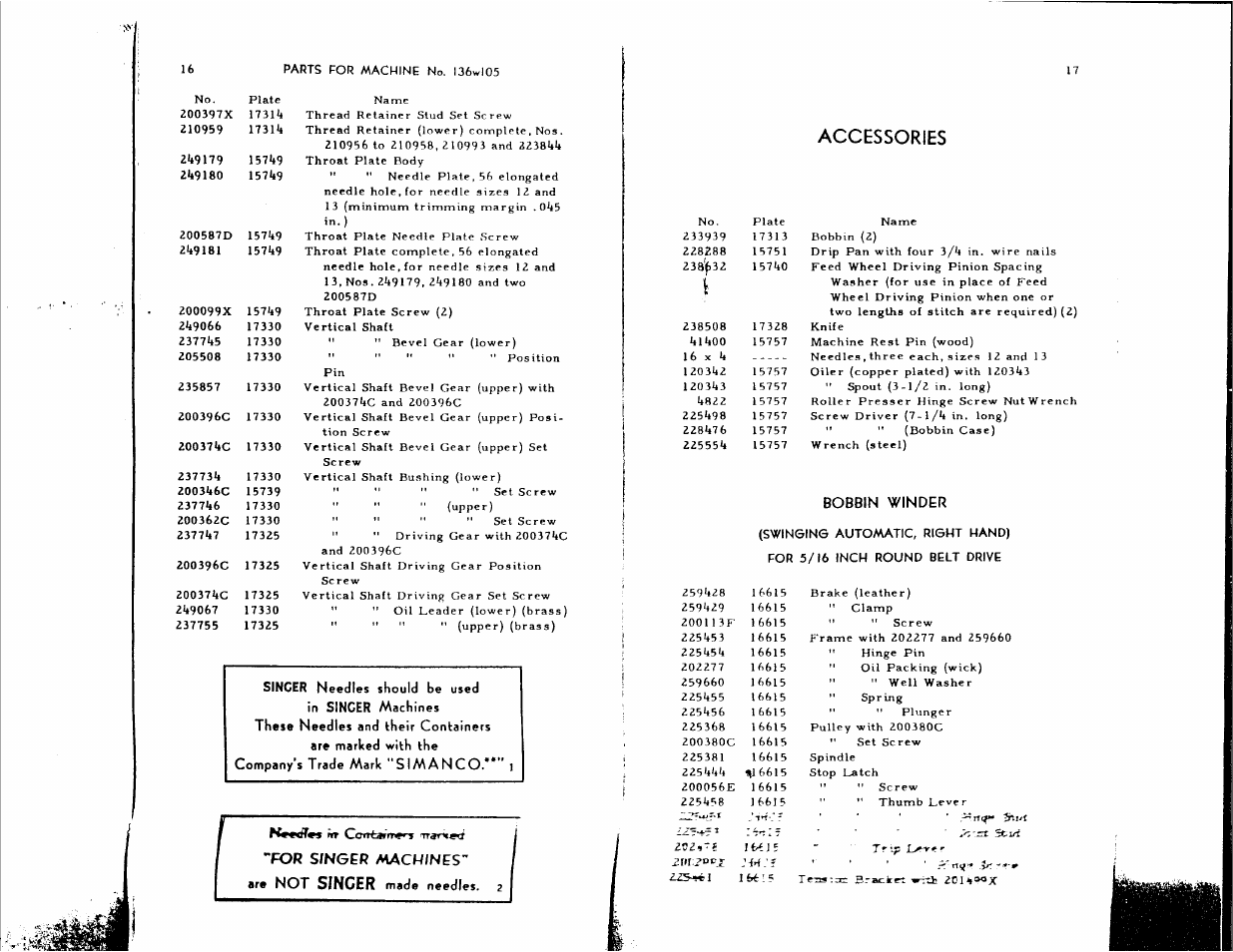 Accessories, For s/nger a^acwines" are not singer made needles, Bobbin winder (swlneing automatic, right hand) | 5/16 inch round | SINGER 136W105 User Manual | Page 9 / 22