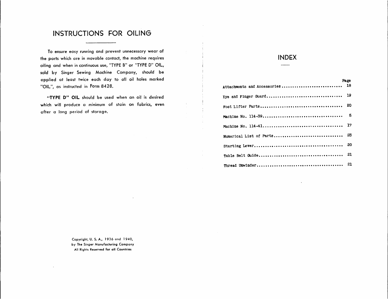 Instructions for oiling, Index | SINGER 114-39 User Manual | Page 2 / 20