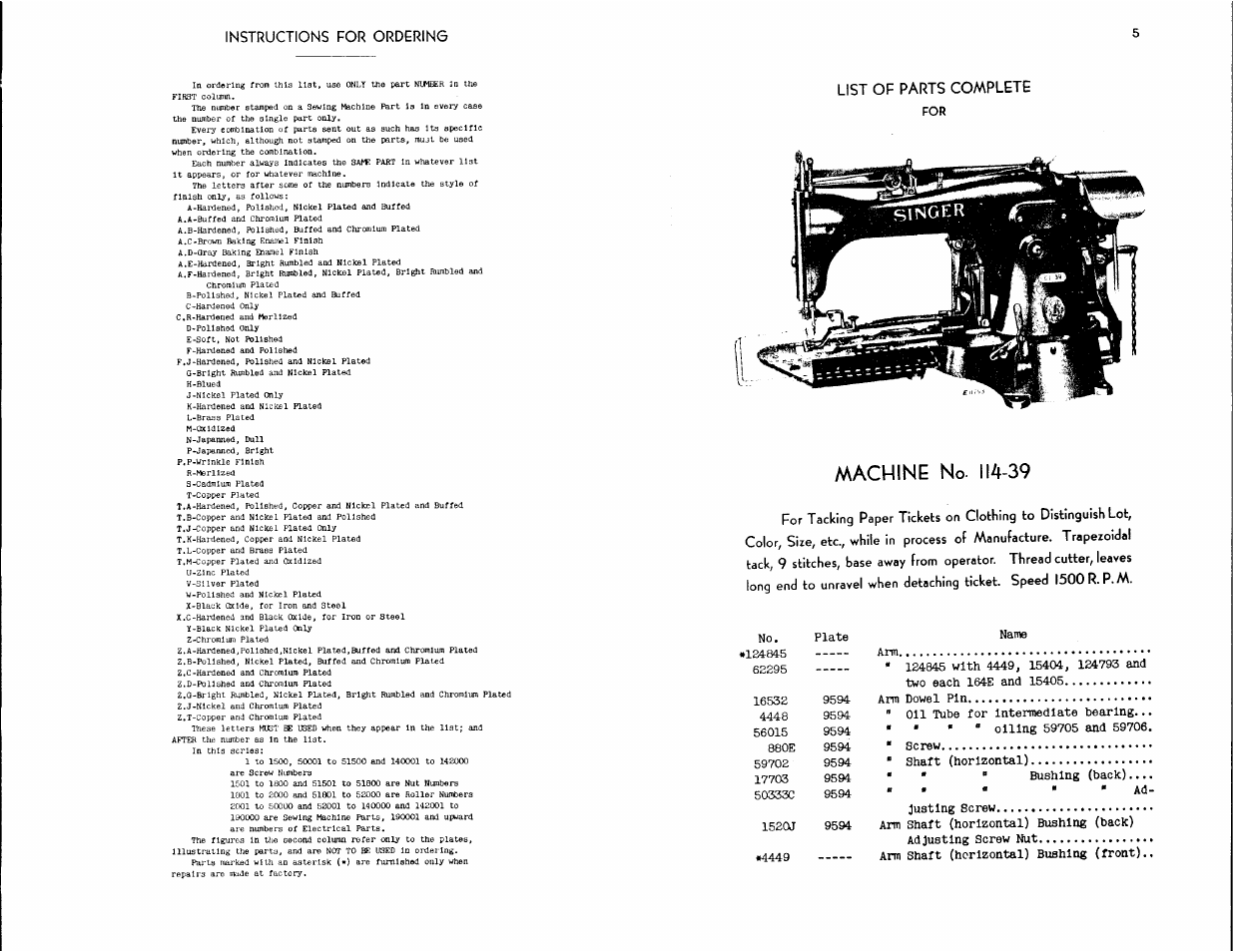 Instructions for ordering, List of parts complete, Machine no. 114-39 | Machine no. 114-41 | SINGER 114-39 User Manual | Page 3 / 20