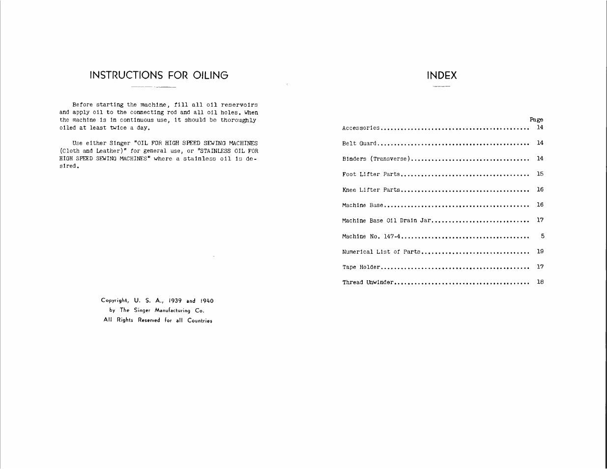 Instructions for oiling, Index | SINGER 147-4 User Manual | Page 2 / 28