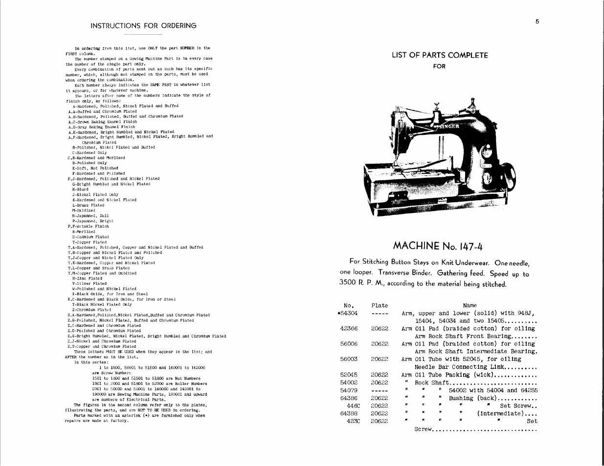 Machine no. 147-4, Instructions for ordering, List of parts complete | SINGER 147-4 User Manual | Page 3 / 28