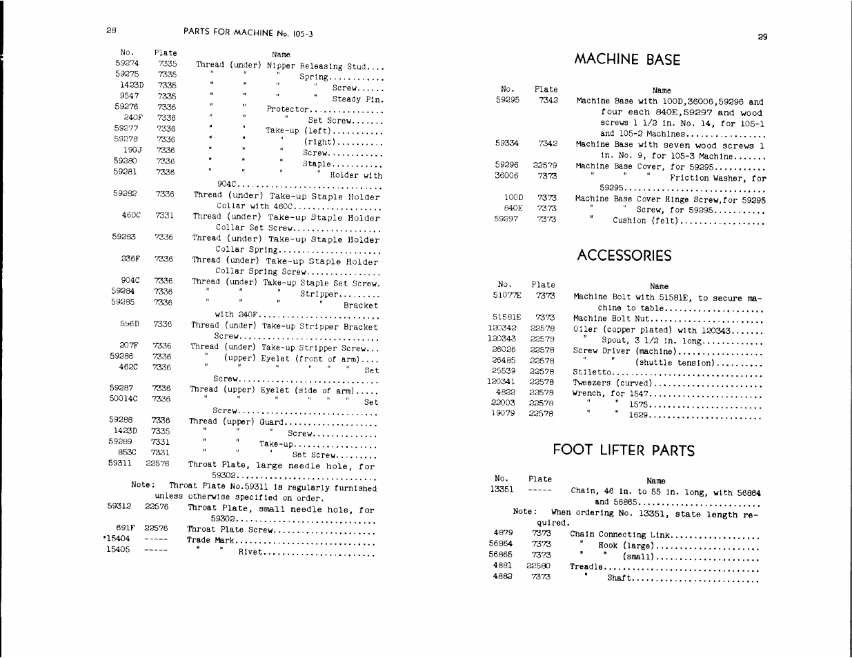 Machine base, Accessories, Foot lifter parts | SINGER 105-1 User Manual | Page 16 / 30