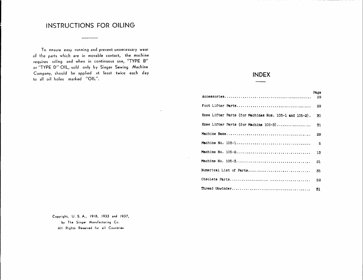 Instructions for oiling, Index | SINGER 105-1 User Manual | Page 2 / 30