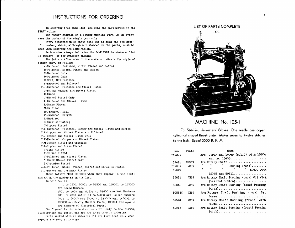 Machine no. 105-1, Instructions for ordering | SINGER 105-1 User Manual | Page 3 / 30