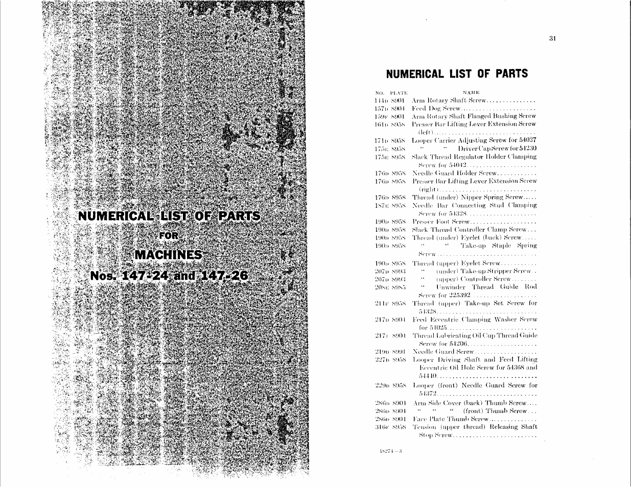 Numerical list of parts | SINGER 147-24 User Manual | Page 15 / 37