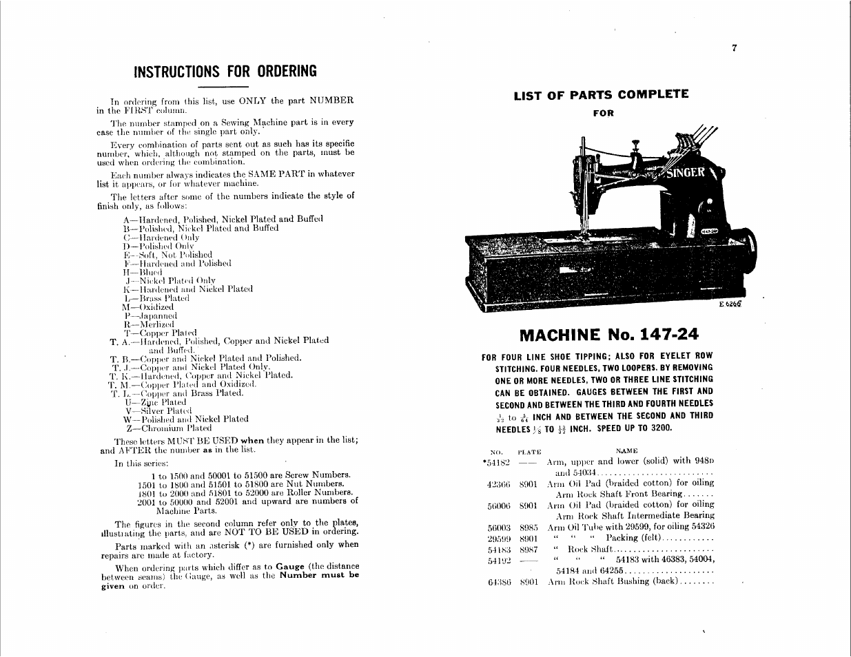 Instructions for ordering, List of parts complete | SINGER 147-24 User Manual | Page 3 / 37