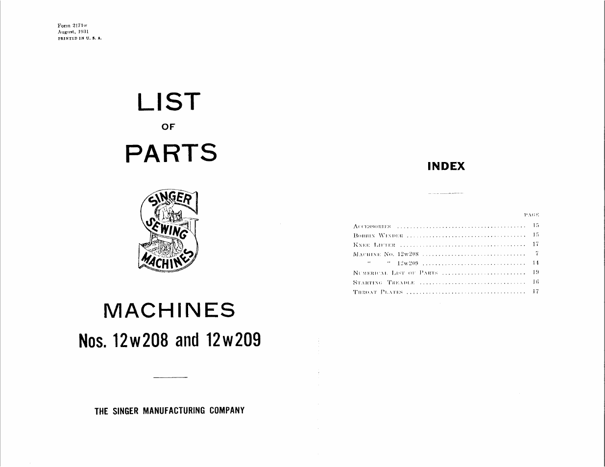 List, Index, Parts | SINGER 12W209 User Manual | Page 2 / 25