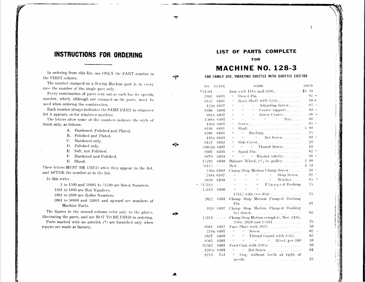 Instructions for ordering, Machine no. 128-3, Achine | List of parts complete | SINGER 128-4 User Manual | Page 3 / 25