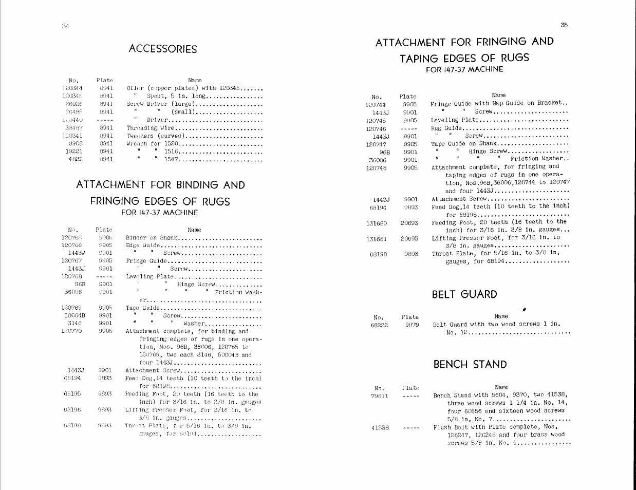 Accessories, Attachment for binding and fringing edges of rugs, Attachment for fringing and taping edges of rugs | Belt guard, Bench stand | SINGER 147-5 User Manual | Page 18 / 56