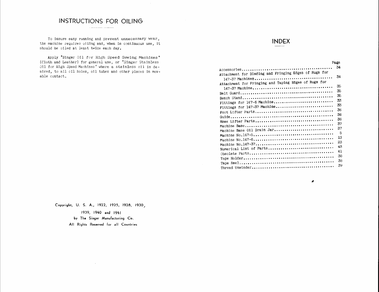 Instructions for oiling, Index | SINGER 147-5 User Manual | Page 2 / 56