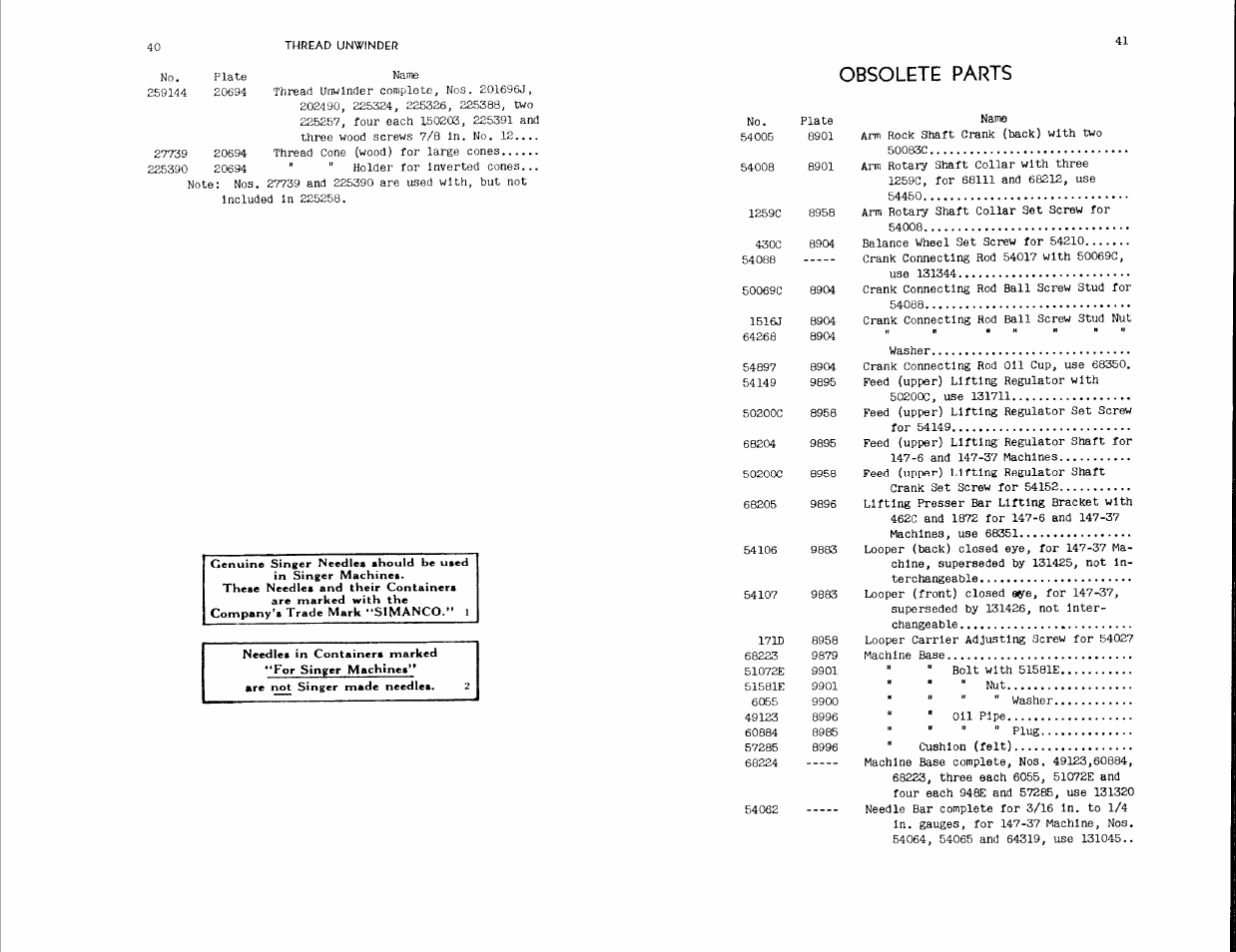 Obsolete parts | SINGER 147-5 User Manual | Page 21 / 56