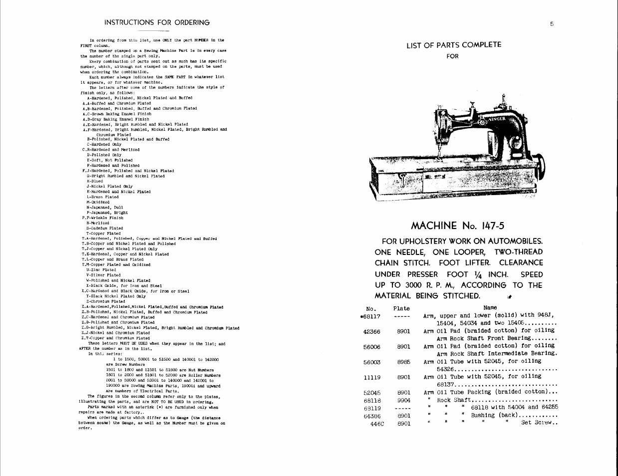 Machine no. 147-5, Instructions for ordering, List of parts complete | SINGER 147-5 User Manual | Page 3 / 56