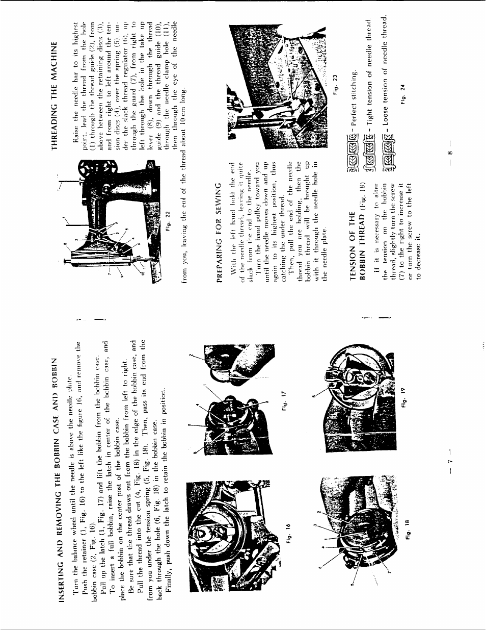 Inserting and removing the bobbin case and bobbin, Threading the machine, Preparing eor sewing | Tension of the bobbin thread (fig 18), Preparing for sewing | SINGER 132B26 User Manual | Page 6 / 9