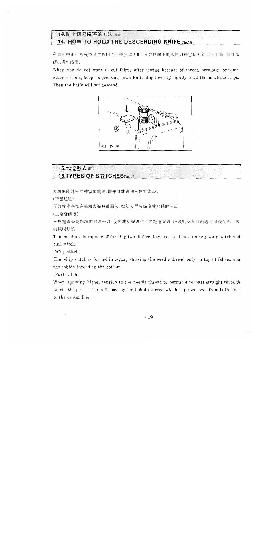 How to hold the descending knife fig le, Types of stitchesfig.i7 | SINGER 1371A2 User Manual | Page 22 / 86