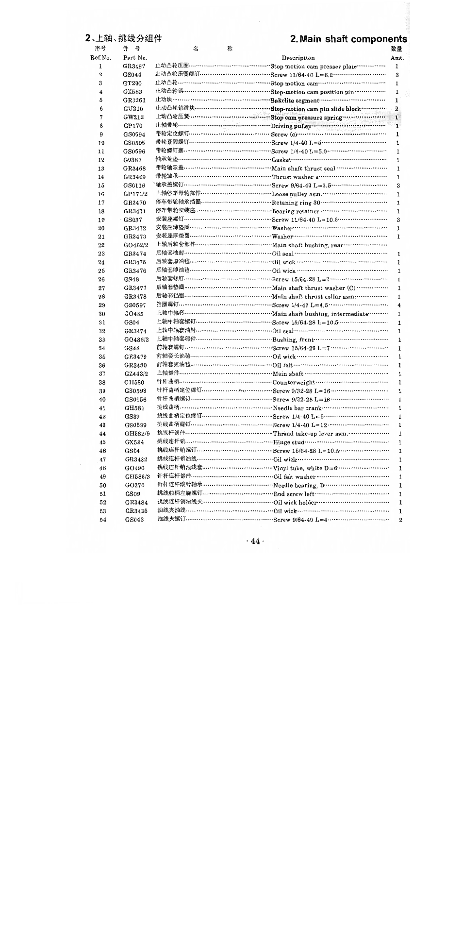 Main shaft components | SINGER 1371A2 User Manual | Page 48 / 86