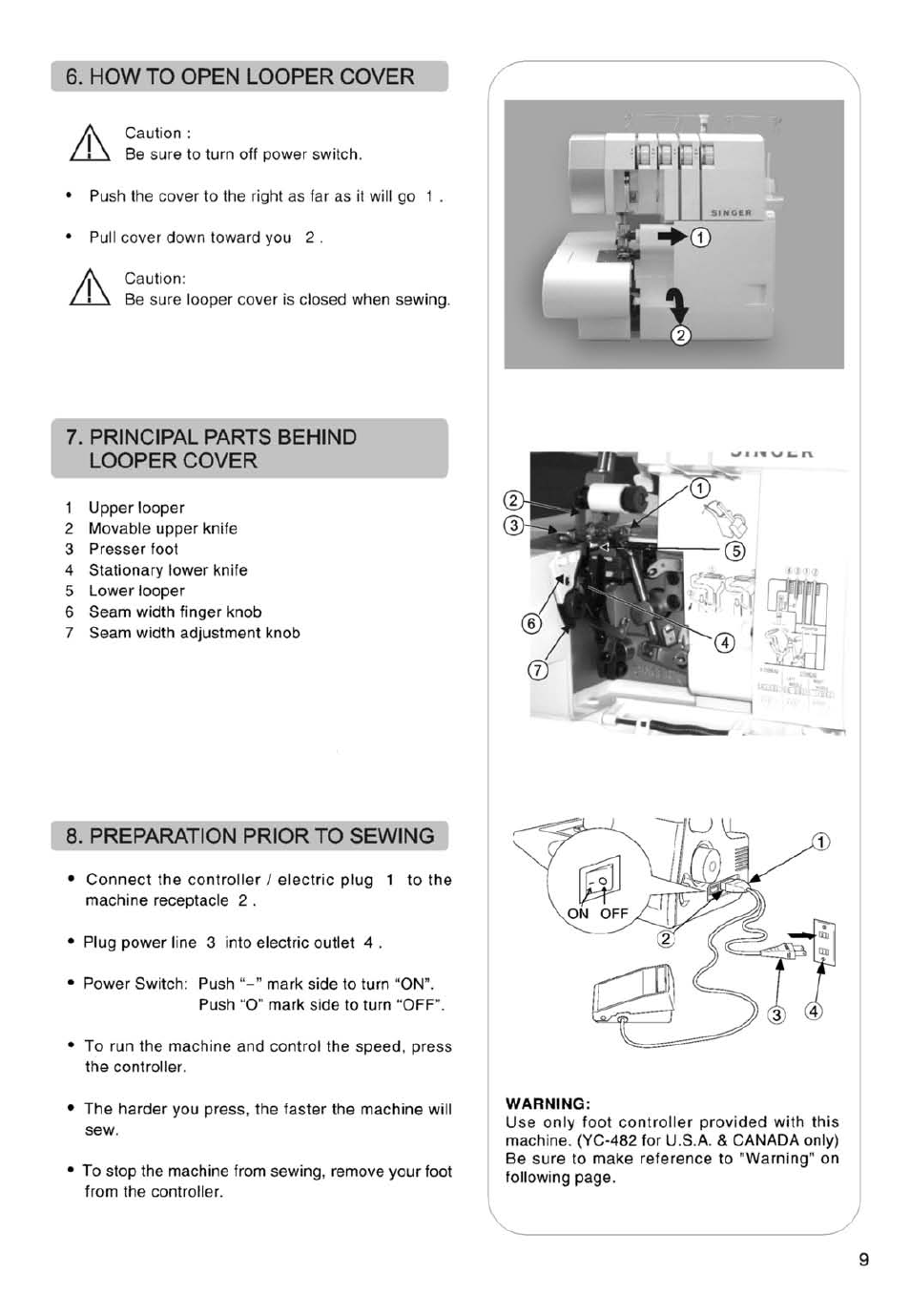 How to open looper cover, Principal parts behind looper cover, Preparation prior to sewing | Principal parts behind loopor cover | SINGER 14SH754/14CG754 User Manual | Page 10 / 53