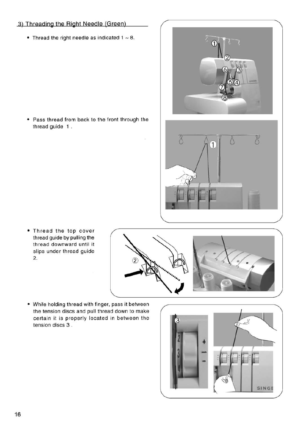 3) threading the right needle (green) | SINGER 14SH754/14CG754 User Manual | Page 17 / 53
