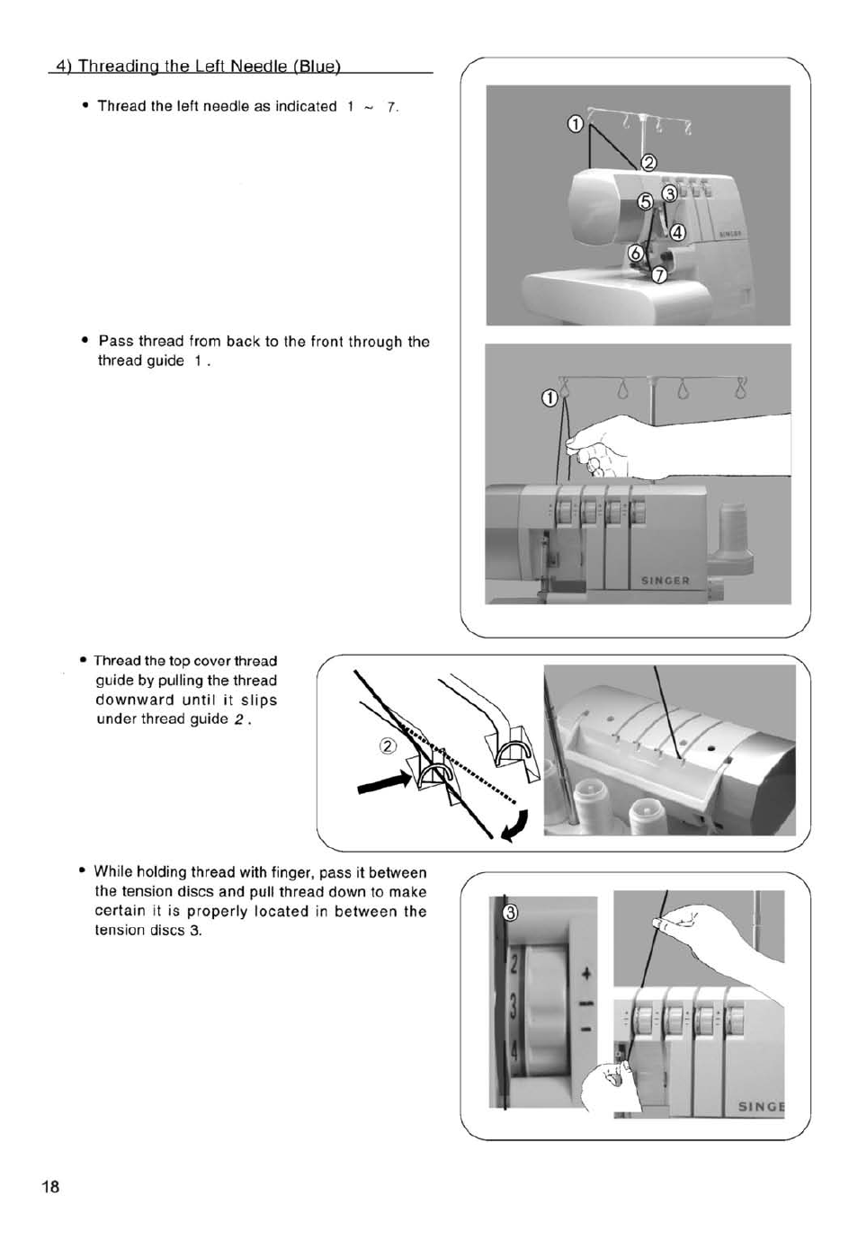 4) threading the left needle (blue) | SINGER 14SH754/14CG754 User Manual | Page 19 / 53