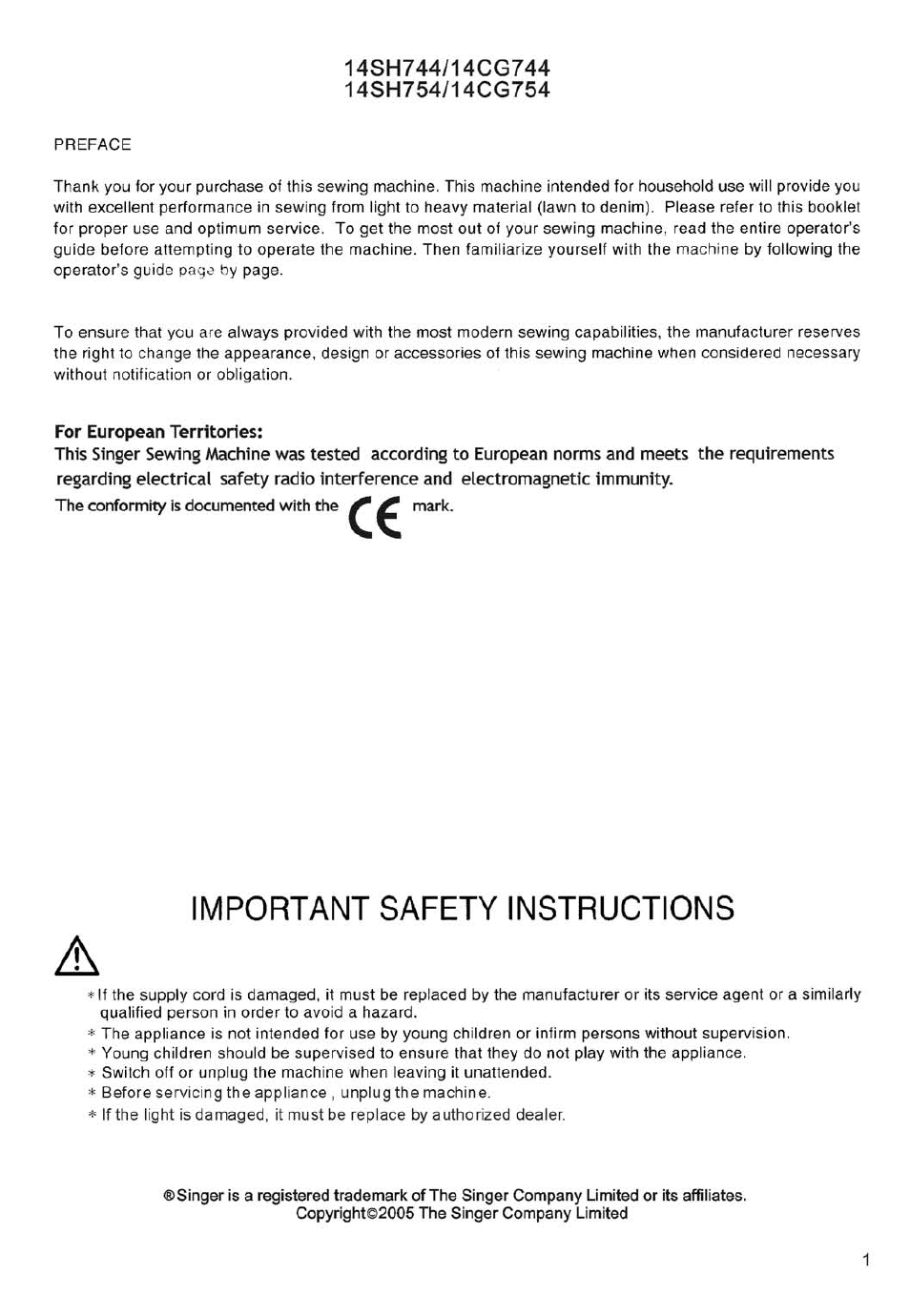 14sh744/14cg744, 14sh754/14cg754, Important safety instructions | SINGER 14SH754/14CG754 User Manual | Page 2 / 53