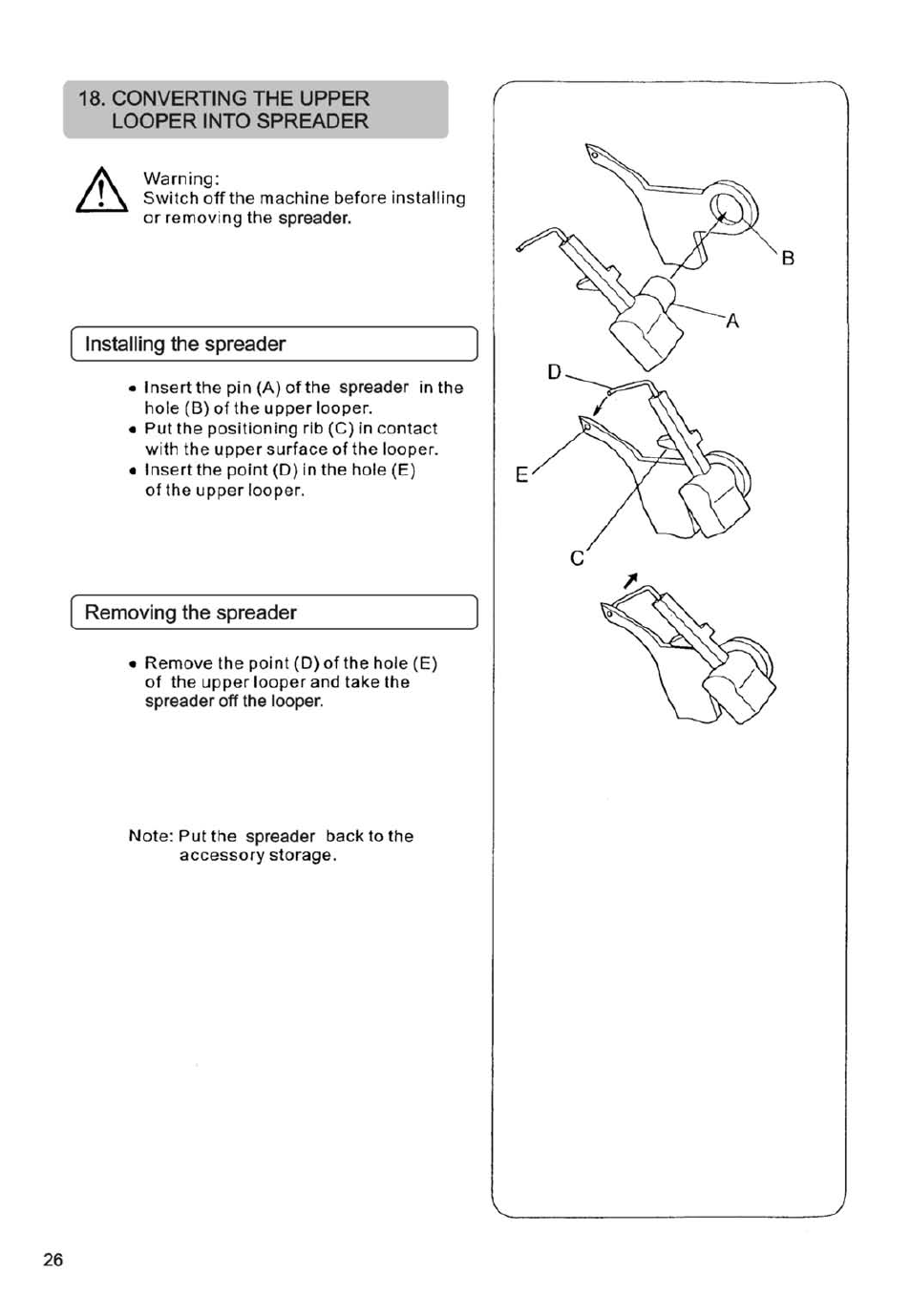 Converting the upper looper into spreader, Installing the spreader, Removing the spreader | SINGER 14SH754/14CG754 User Manual | Page 27 / 53