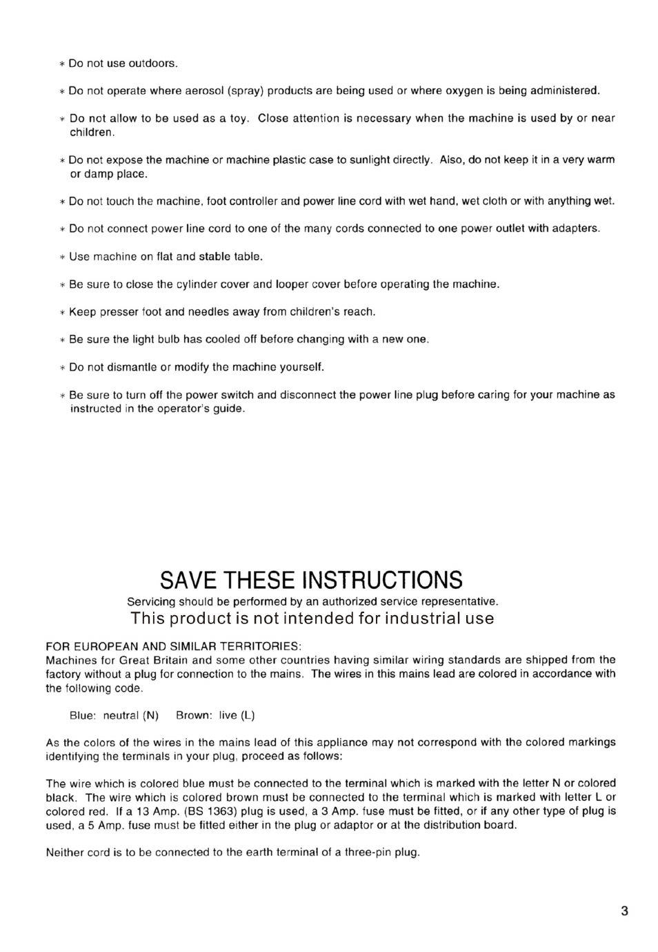 Save these instructions, This product is not intended for industrial use | SINGER 14SH754/14CG754 User Manual | Page 4 / 53