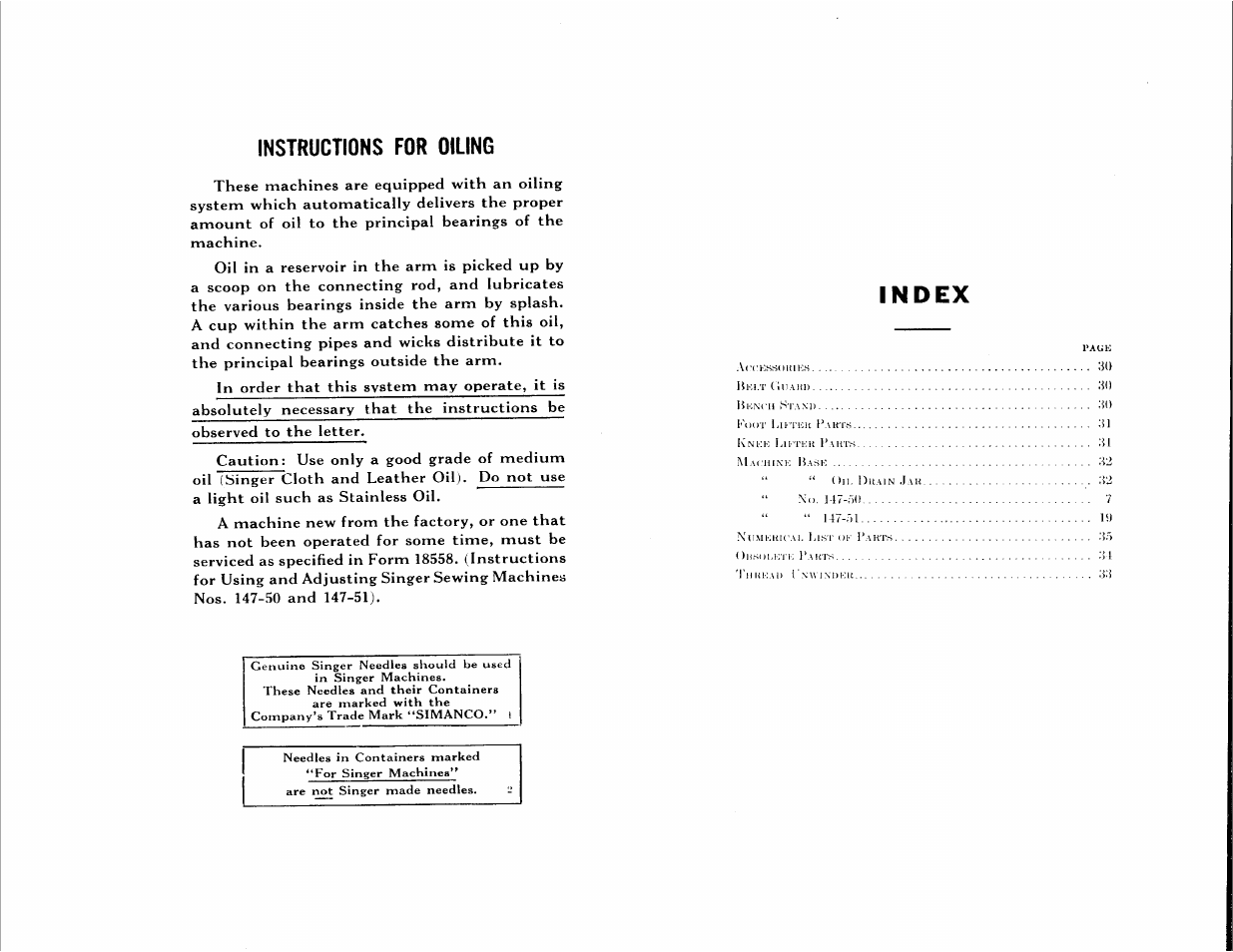 Index, Instructions for oiling | SINGER 147-51 User Manual | Page 2 / 39