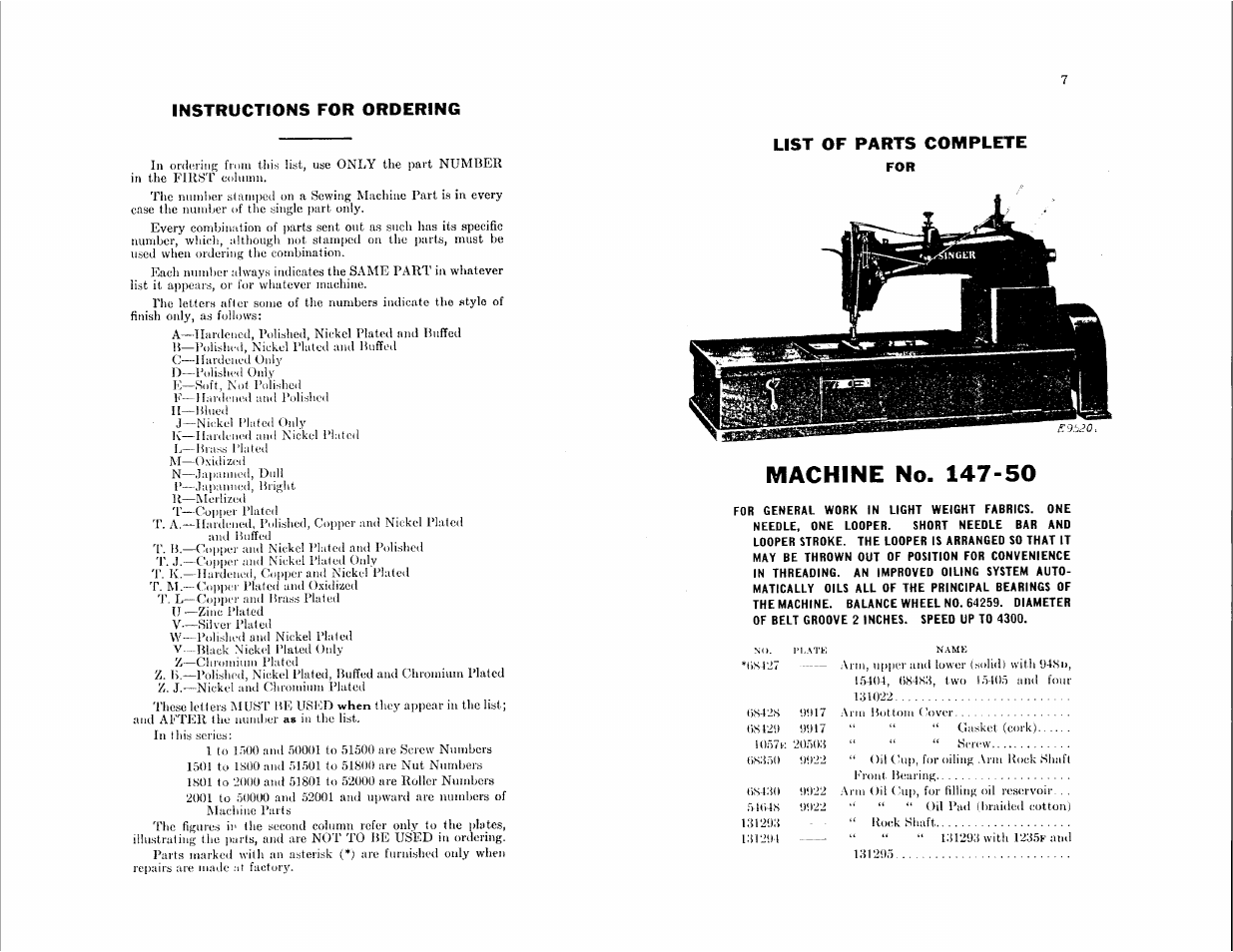 Machine no. 147-50, Instructions for ordering, List of parts complete | SINGER 147-51 User Manual | Page 3 / 39