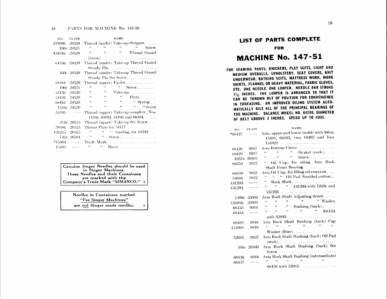 Machine no. 147-51, List of parts complete | SINGER 147-51 User Manual | Page 9 / 39