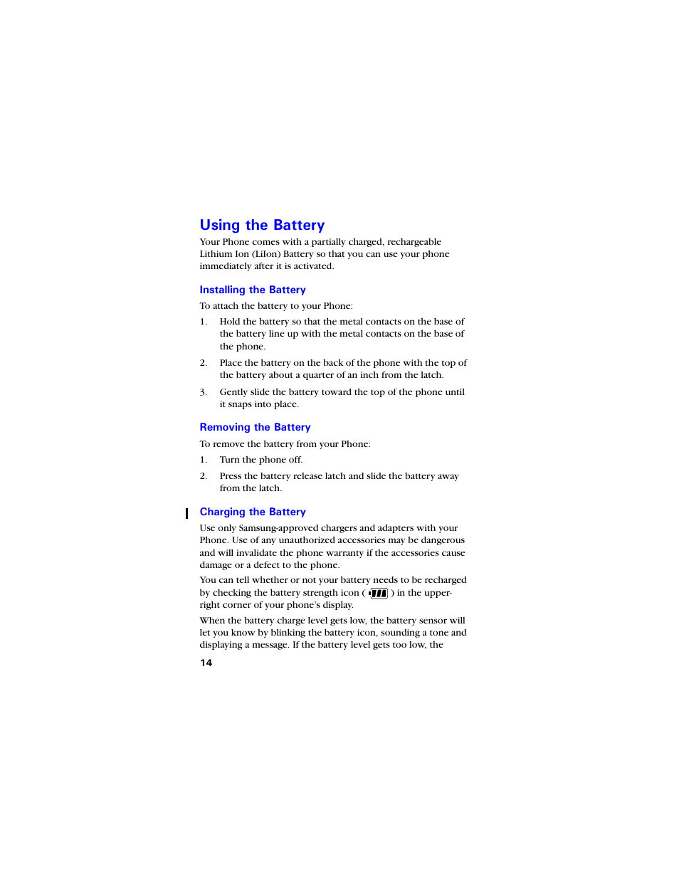 Using the battery, Installing the battery, Removing the battery | Charging the battery, 7ukpi vjg $cvvgt | Samsung SCH-3550 User Manual | Page 26 / 110