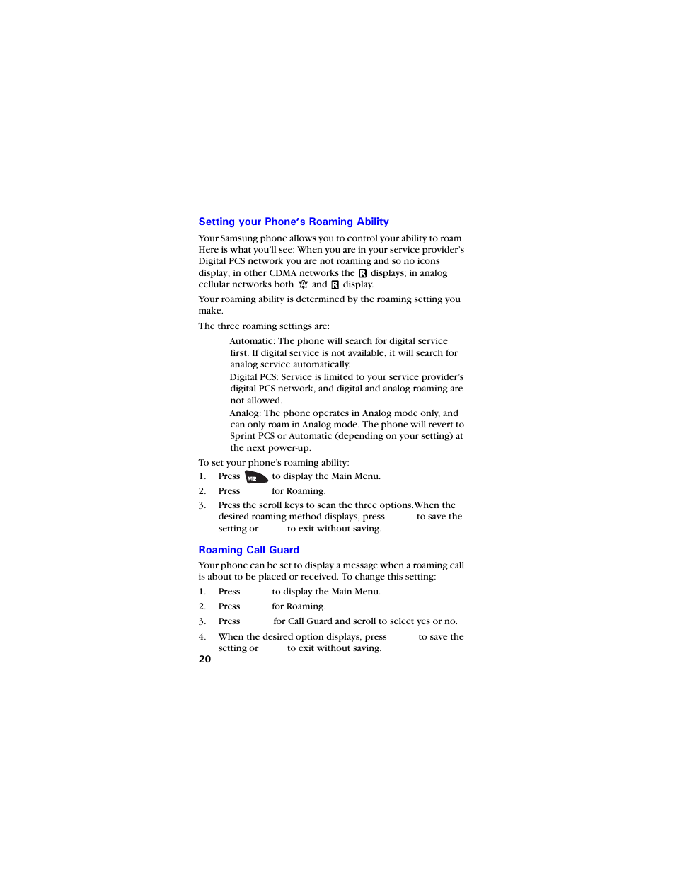 Setting your phone’s roaming ability, Roaming call guard | Samsung SCH-3550 User Manual | Page 32 / 110