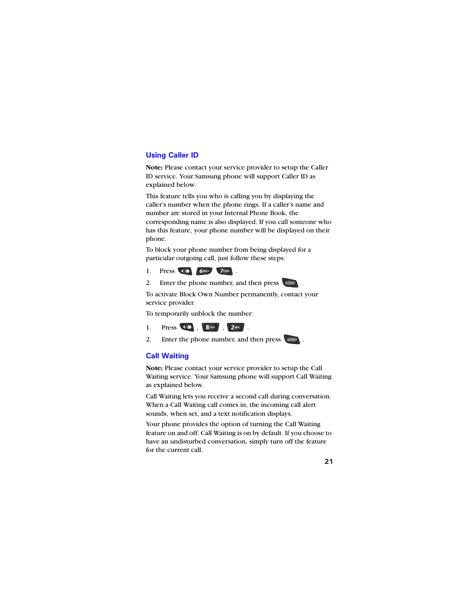 Using caller id, Call waiting, Using caller id 21 call waiting 21 | Samsung SCH-3550 User Manual | Page 33 / 110