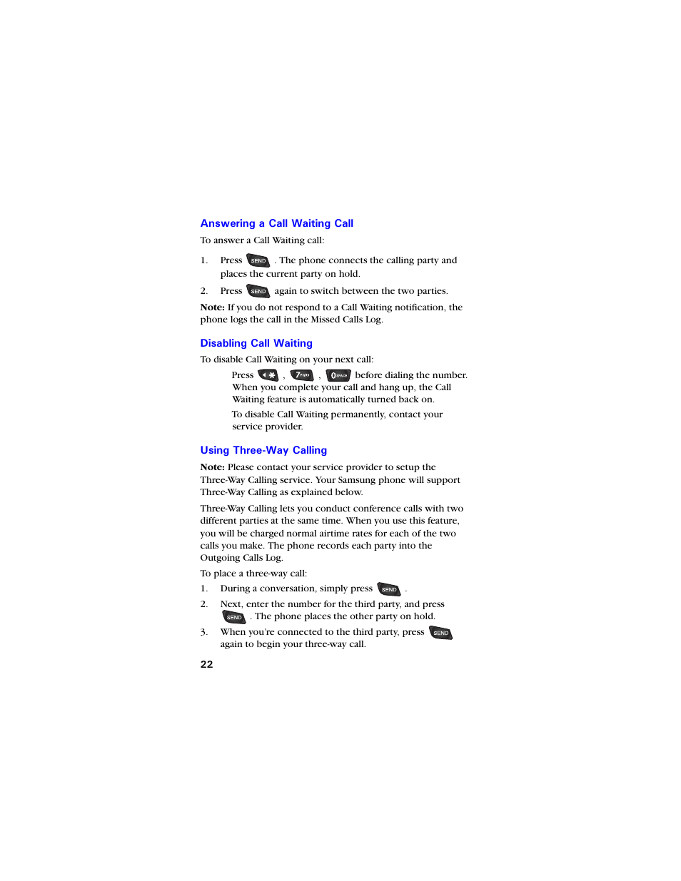 Answering a call waiting call, Disabling call waiting, Using three-way calling | Answering a call waiting call 22 | Samsung SCH-3550 User Manual | Page 34 / 110