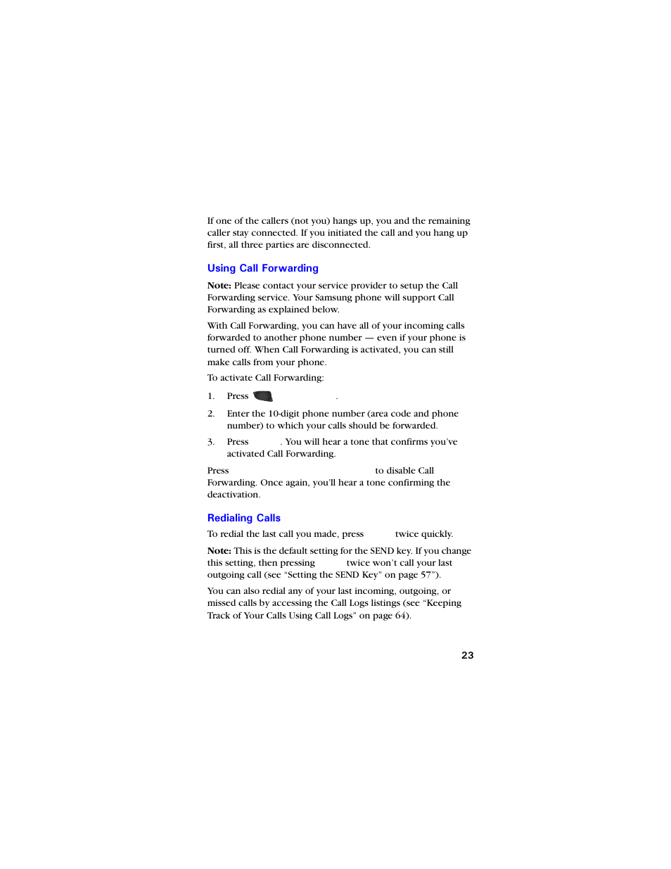 Using call forwarding, Redialing calls, Using call forwarding 23 redialing calls 23 | Samsung SCH-3550 User Manual | Page 35 / 110