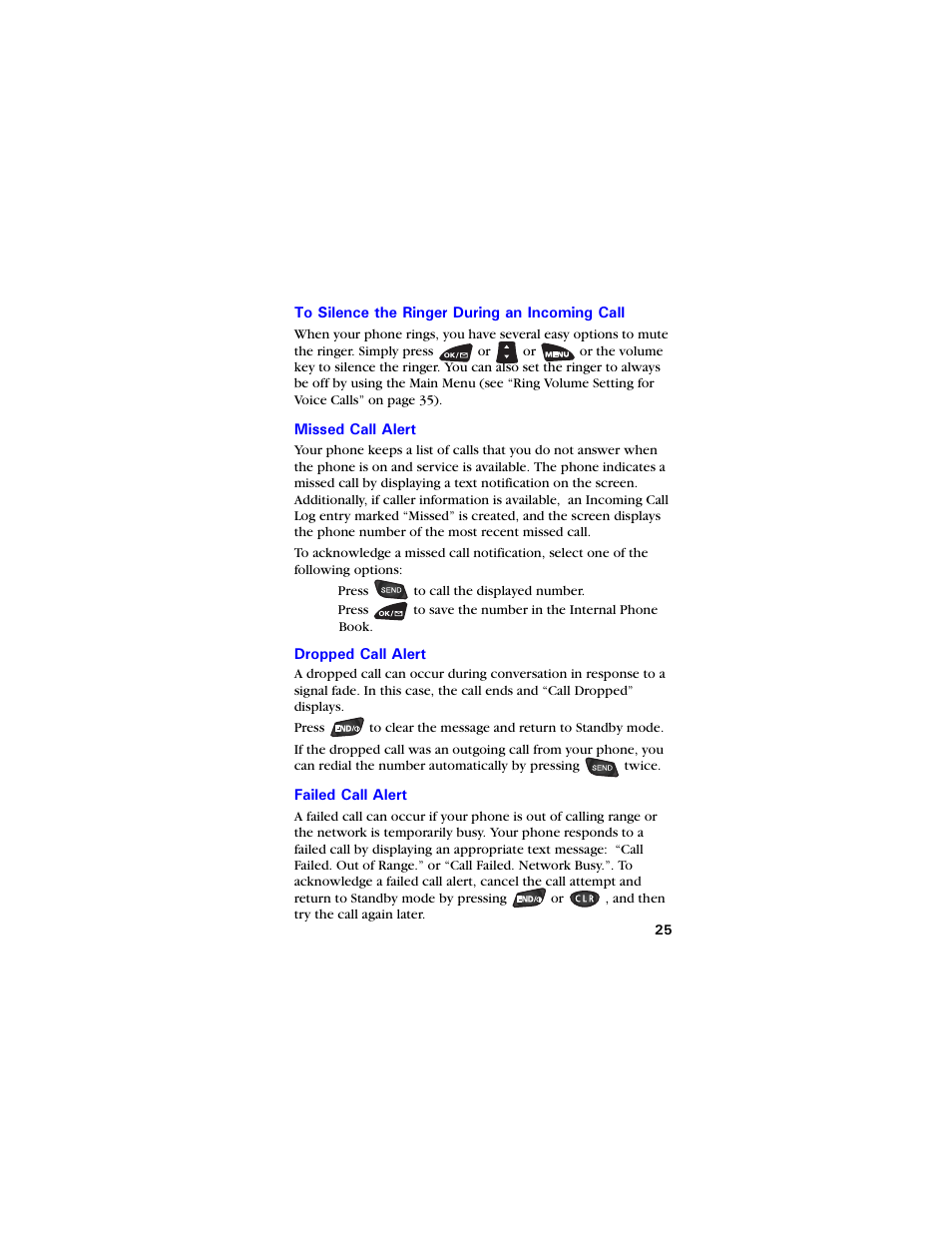 To silence the ringer during an incoming call, Missed call alert, Dropped call alert | Failed call alert | Samsung SCH-3550 User Manual | Page 37 / 110