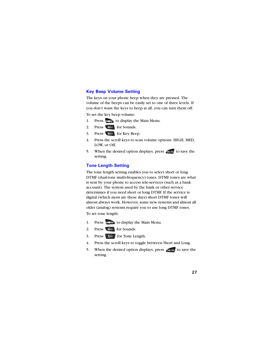 Key beep volume setting, Tone length setting, Key beep volume setting 27 tone length setting 27 | Samsung SCH-3550 User Manual | Page 39 / 110