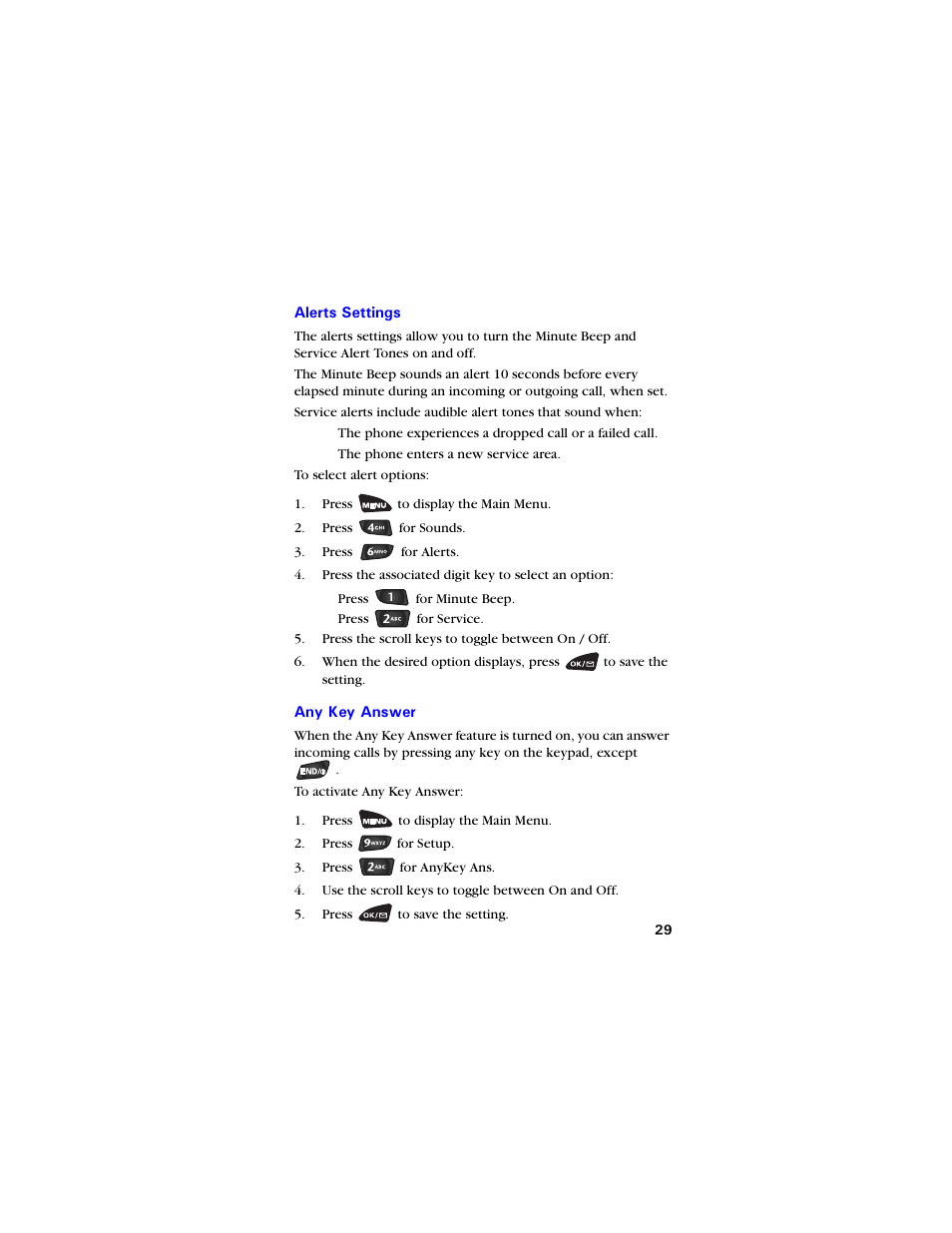 Alerts settings, Any key answer, Alerts settings 29 any key answer 29 | Samsung SCH-3550 User Manual | Page 41 / 110