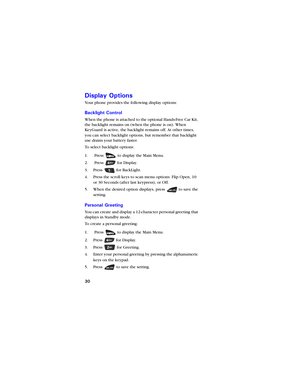 Display options, Backlight control, Personal greeting | Kurnc[ 1rvkqpu, Backlight control 30 personal greeting 30 | Samsung SCH-3550 User Manual | Page 42 / 110