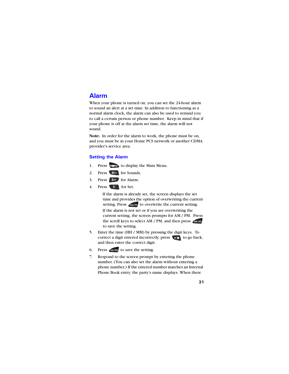 Alarm, Setting the alarm, Ncto | Setting the alarm 31 | Samsung SCH-3550 User Manual | Page 43 / 110