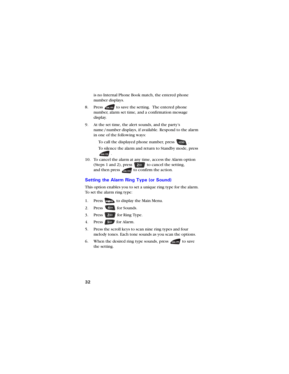 Setting the alarm ring type (or sound), Setting the alarm ring type (or sound) 32 | Samsung SCH-3550 User Manual | Page 44 / 110