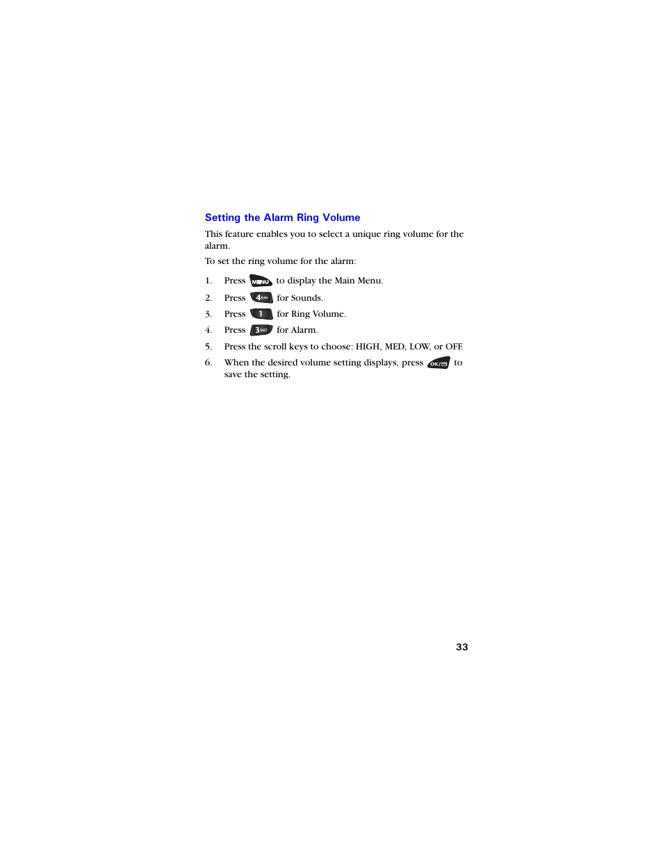 Setting the alarm ring volume, Setting the alarm ring volume 33 | Samsung SCH-3550 User Manual | Page 45 / 110